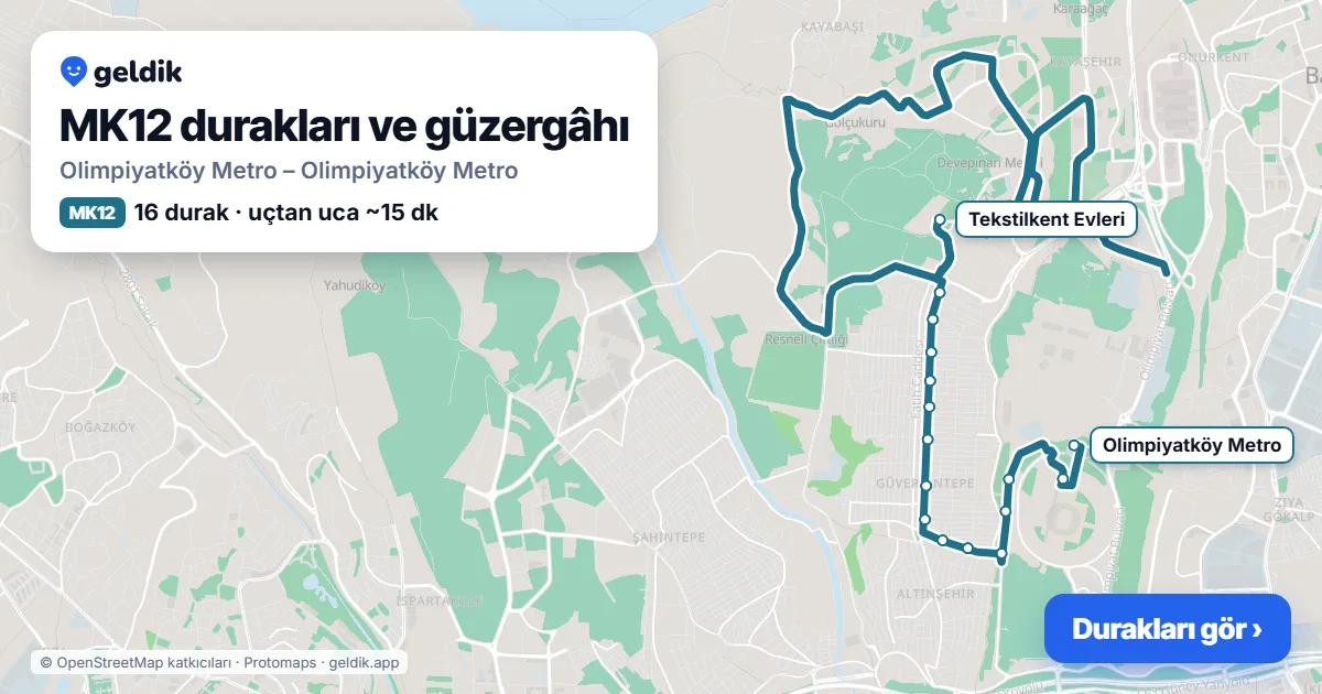 MK12 otobüs güzergâhı haritası: Olimpiyatköy Metro – Olimpiyatköy Metro, 16 durak