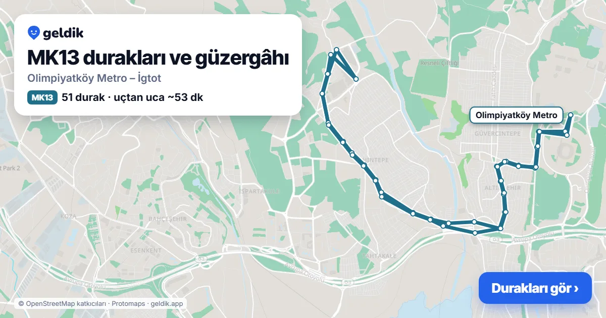 MK13 otobüs güzergâhı haritası: Olimpiyatköy Metro – İgtot, 51 durak