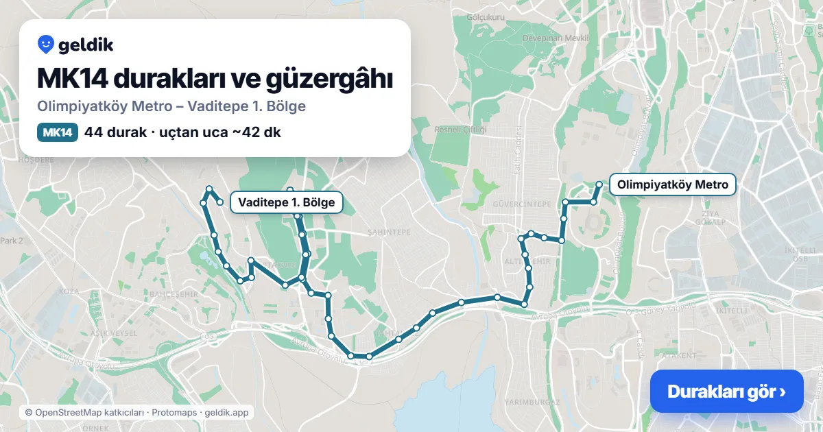 MK14 otobüs güzergâhı haritası: Olimpiyatköy Metro – Vaditepe 1. Bölge, 44 durak