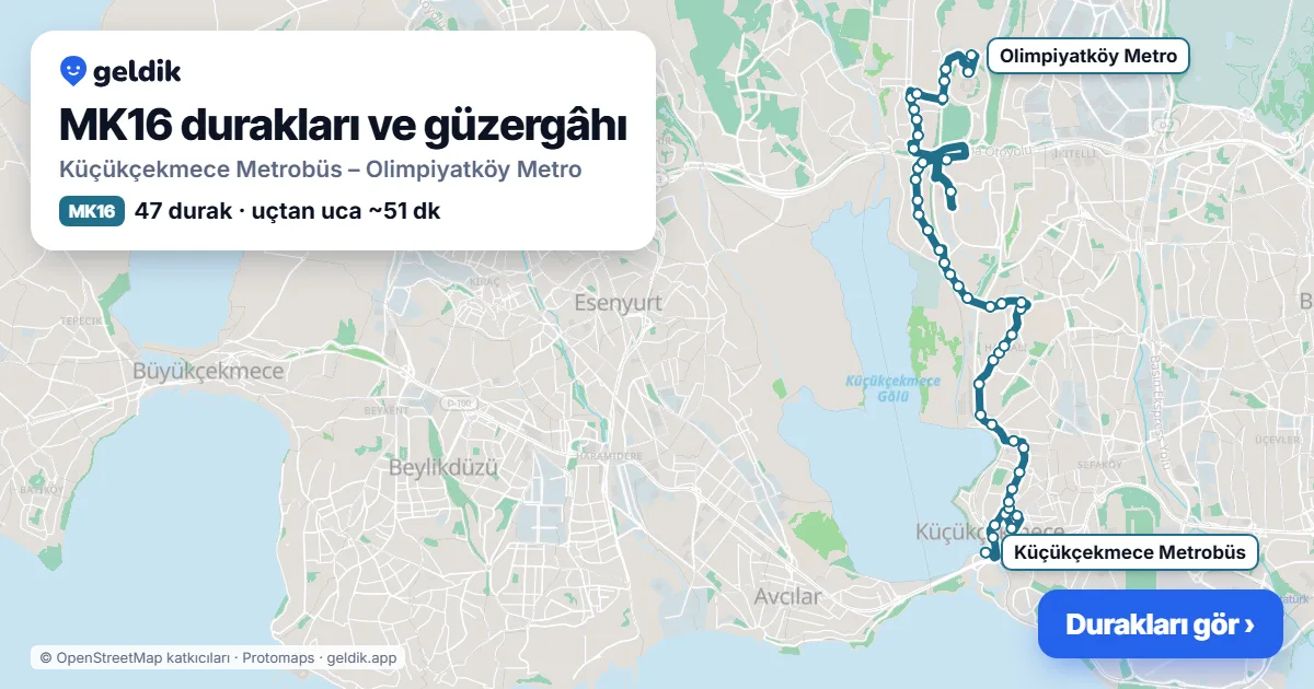 MK16 otobüs güzergâhı haritası: Küçükçekmece Metrobüs – Olimpiyatköy Metro, 47 durak