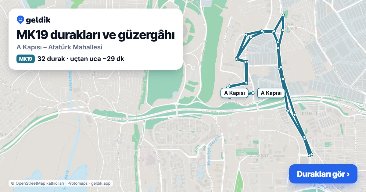MK19 otobüs güzergâhı haritası: A Kapısı – Atatürk Mahallesi, 32 durak