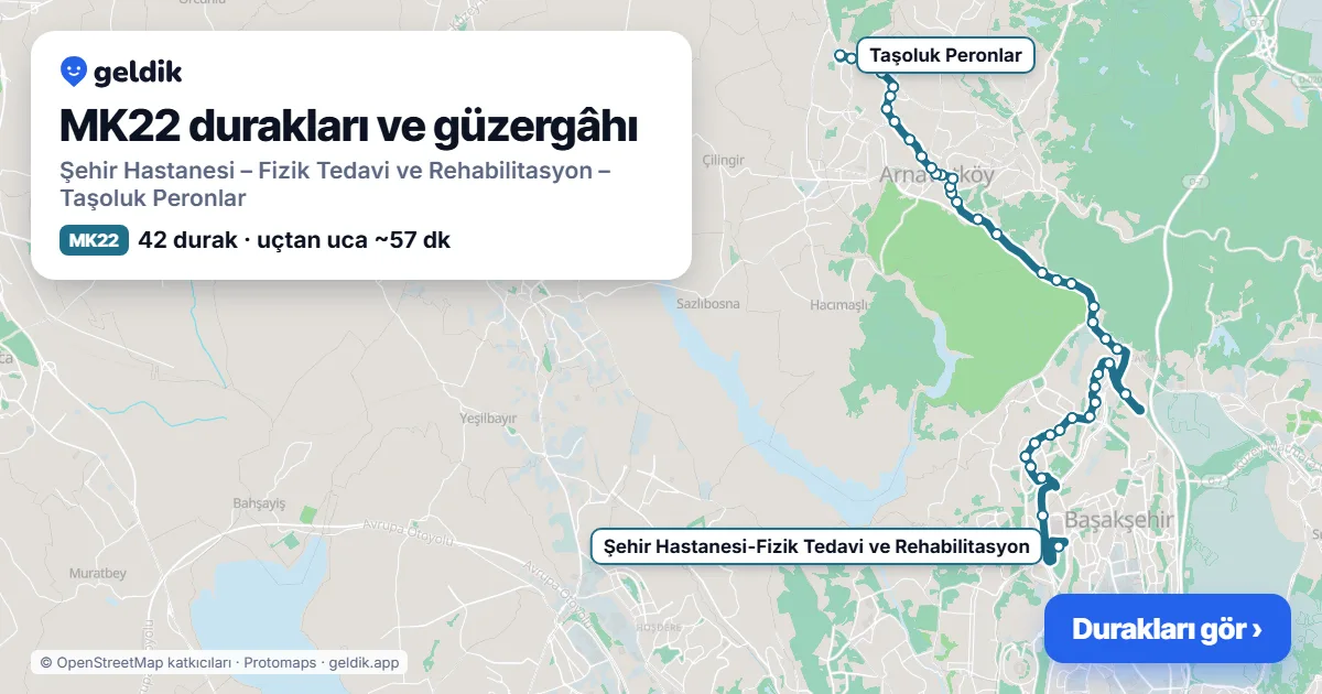 MK22 otobüs güzergâhı haritası: Şehir Hastanesi – Fizik Tedavi ve Rehabilitasyon – Taşoluk Peronlar, 42 durak