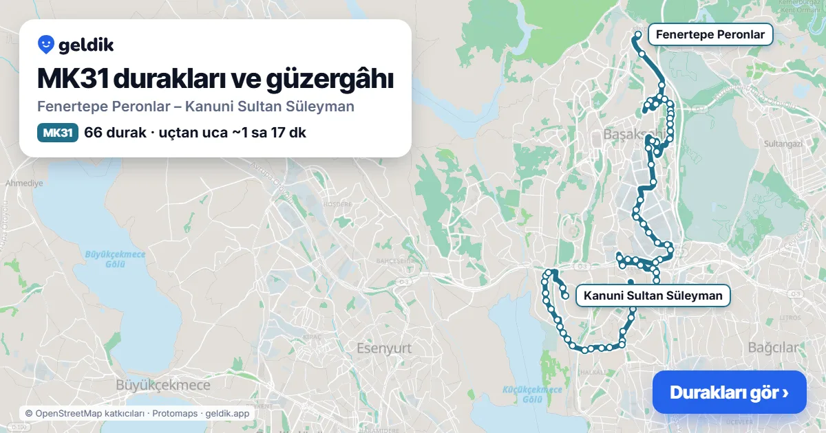 MK31 otobüs güzergâhı haritası: Fenertepe Peronlar – Kanuni Sultan Süleyman, 66 durak