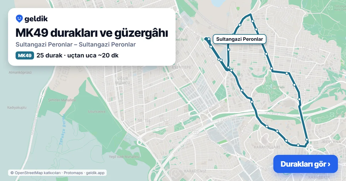 MK49 otobüs güzergâhı haritası: Sultangazi Peronlar – Sultangazi Peronlar, 25 durak