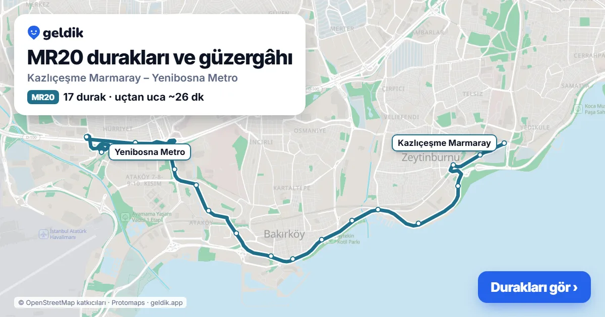 MR20 bus route map: Kazlıçeşme Marmaray – Yenibosna Metro, 17 stops