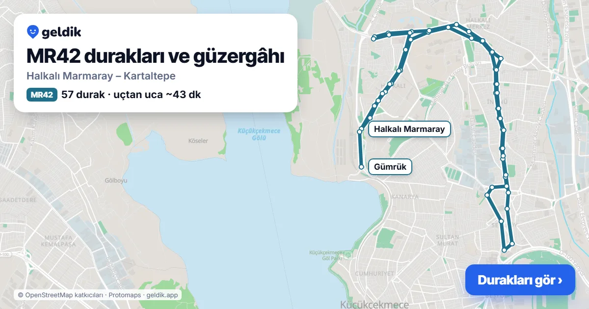 MR42 bus route map: Halkalı Marmaray – Kartaltepe, 57 stops