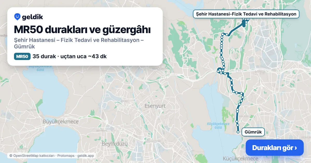 MR50 otobüs güzergâhı haritası: Şehir Hastanesi – Fizik Tedavi ve Rehabilitasyon – Gümrük, 35 durak