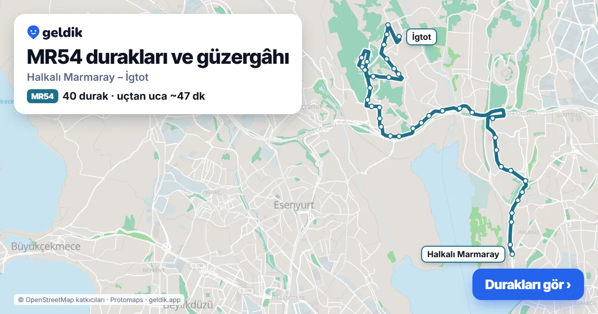 MR54 otobüs güzergâhı haritası: Halkalı Marmaray – İgtot, 40 durak