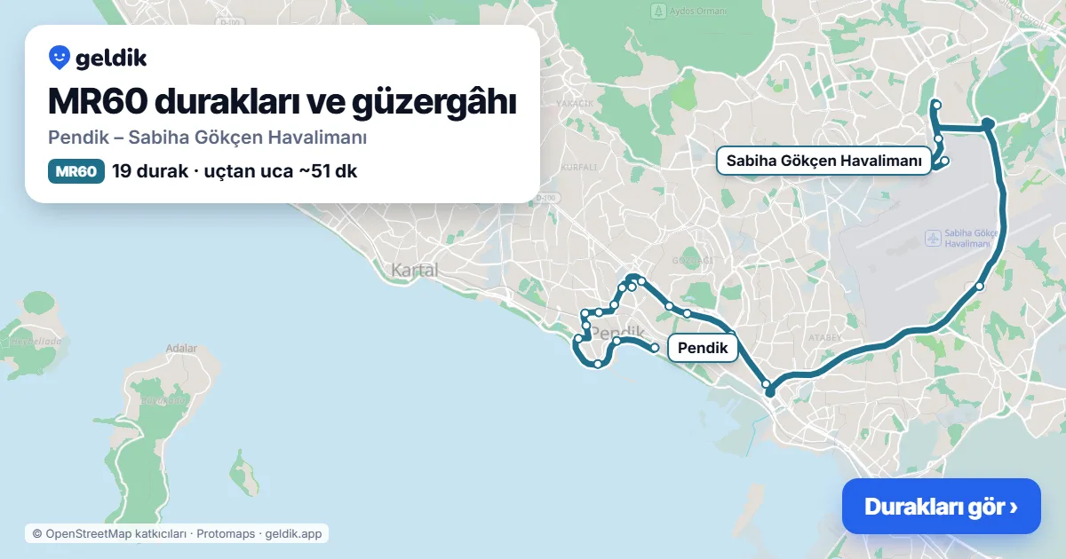 MR60 otobüs güzergâhı haritası: Pendik – Sabiha Gökçen Havalimanı, 19 durak