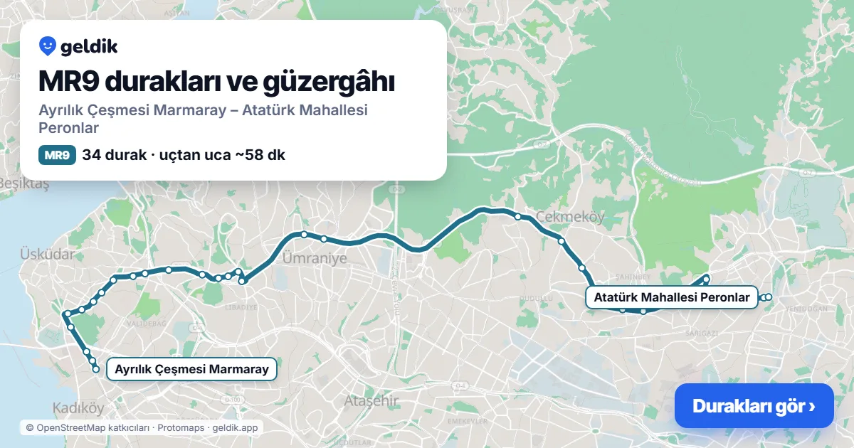 MR9 otobüs güzergâhı haritası: Ayrılık Çeşmesi Marmaray – Atatürk Mahallesi Peronlar, 34 durak
