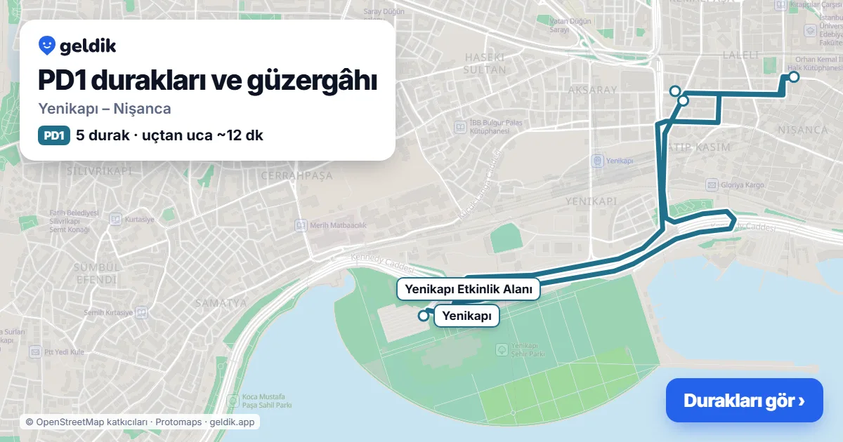 PD1 otobüs güzergâhı haritası: Yenikapı – Nişanca, 5 durak