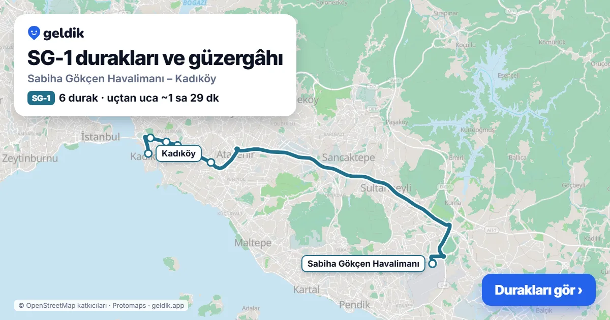 SG-1 otobüs güzergâhı haritası: Sabiha Gökçen Havalimanı – Kadıköy, 6 durak