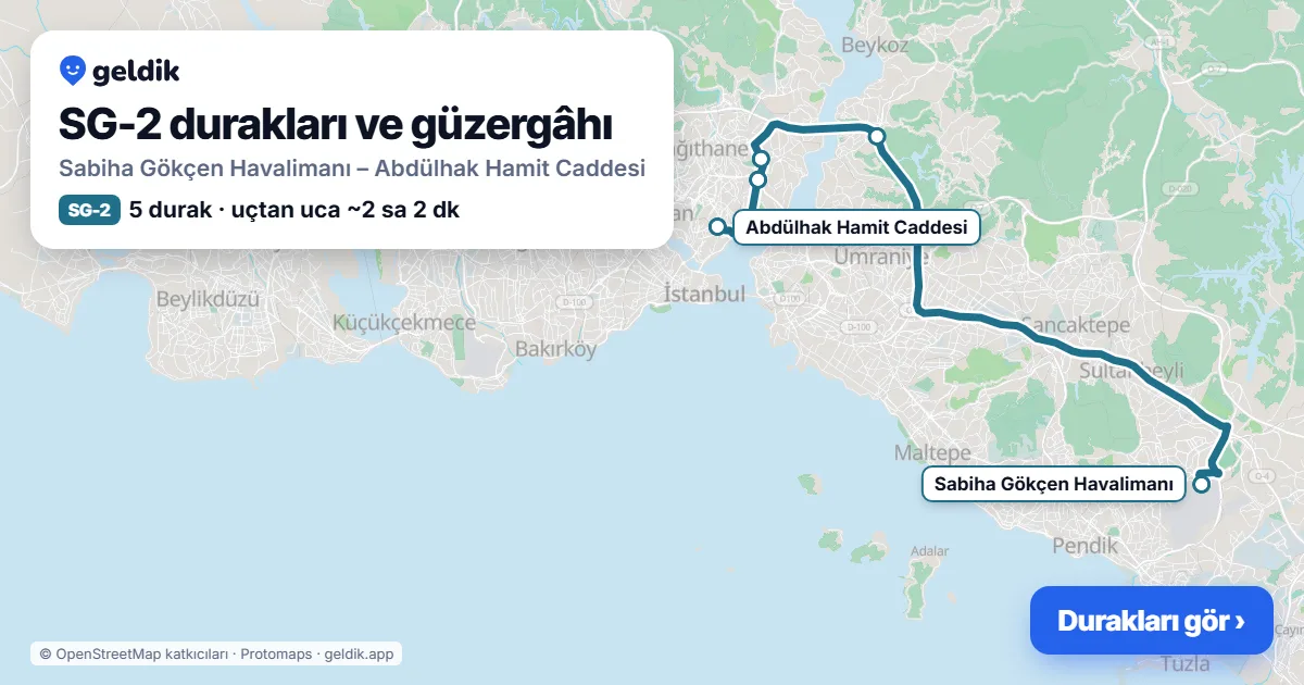 SG-2 otobüs güzergâhı haritası: Sabiha Gökçen Havalimanı – Abdülhak Hamit Caddesi, 5 durak