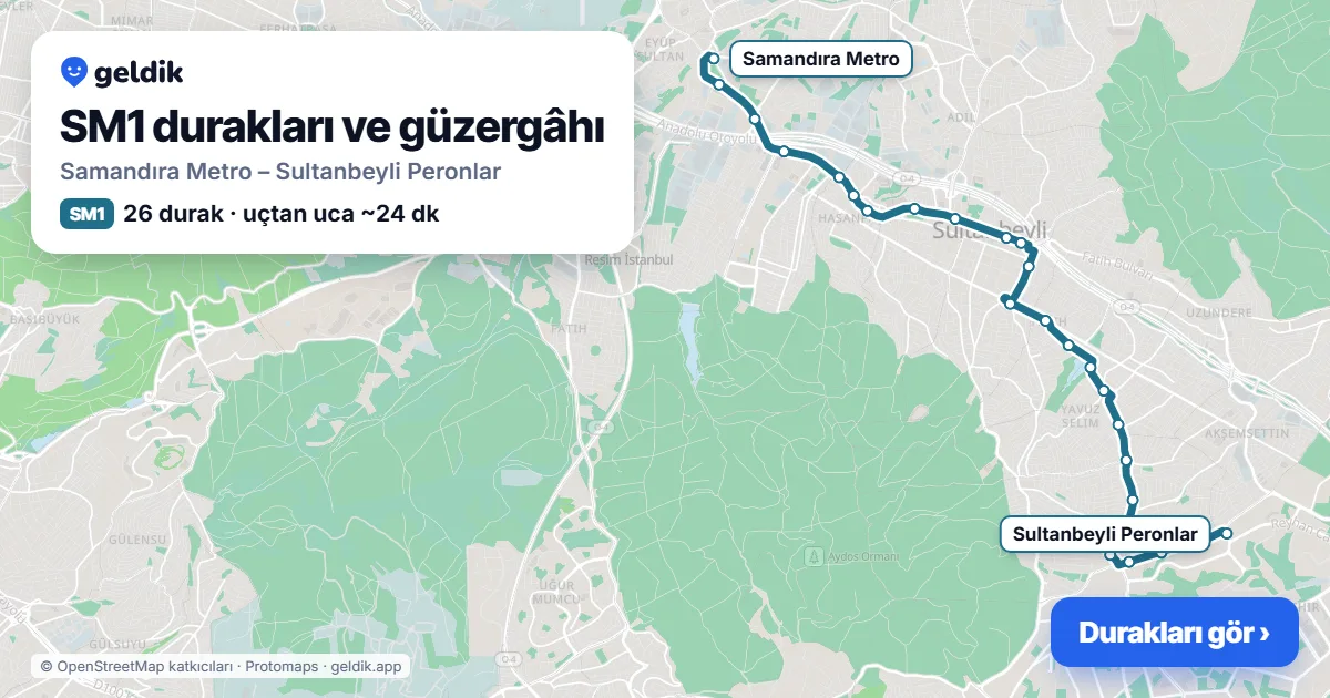 SM1 otobüs güzergâhı haritası: Samandıra Metro – Sultanbeyli Peronlar, 26 durak