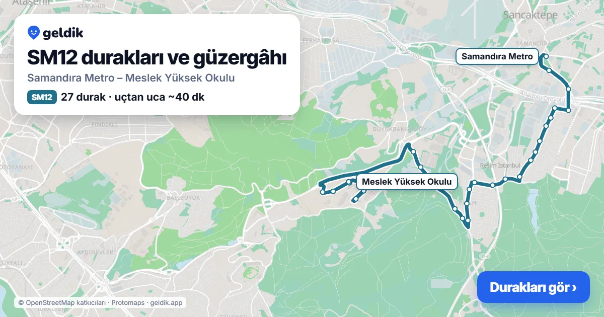 SM12 otobüs güzergâhı haritası: Samandıra Metro – Meslek Yüksek Okulu, 27 durak