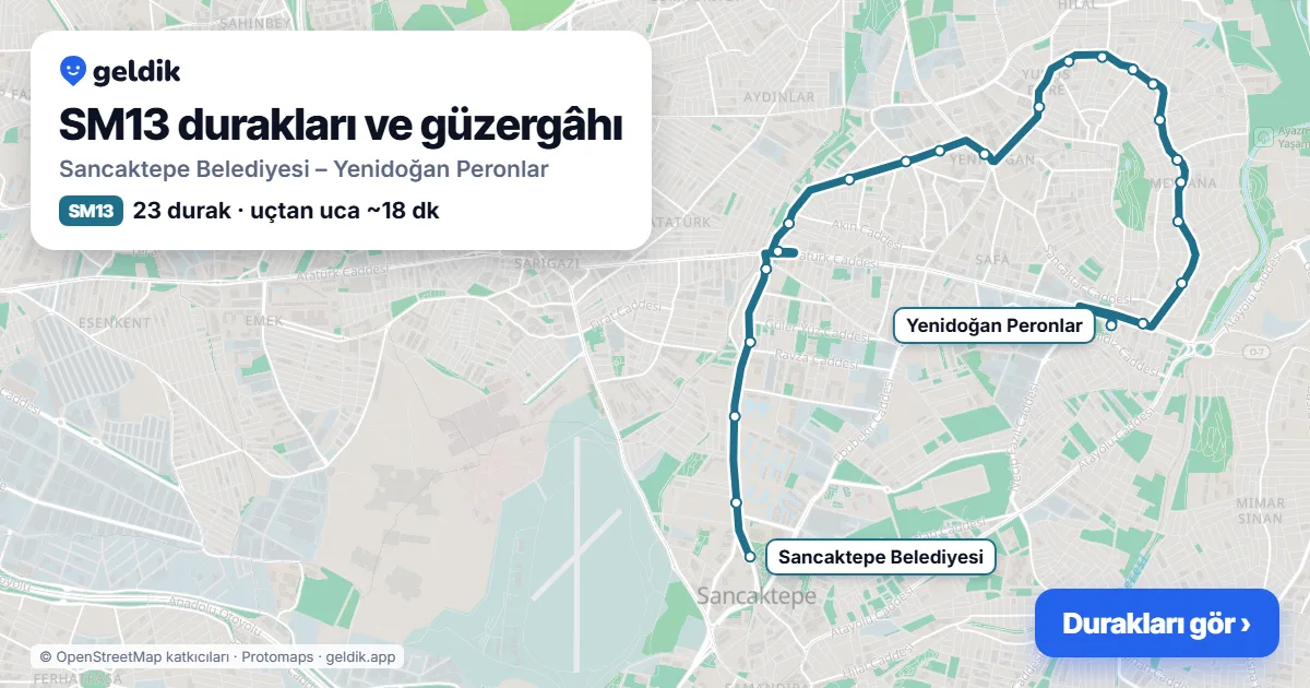 SM13 otobüs güzergâhı haritası: Sancaktepe Belediyesi – Yenidoğan Peronlar, 23 durak