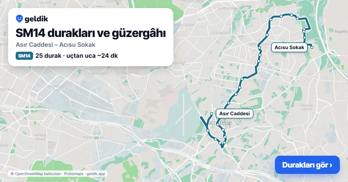 SM14 otobüs güzergâhı haritası: Asır Caddesi – Acısu Sokak, 25 durak
