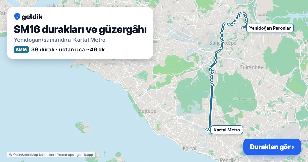 SM16 otobüs güzergâhı haritası: Yenidoğan/samandıra-Kartal Metro, 39 durak