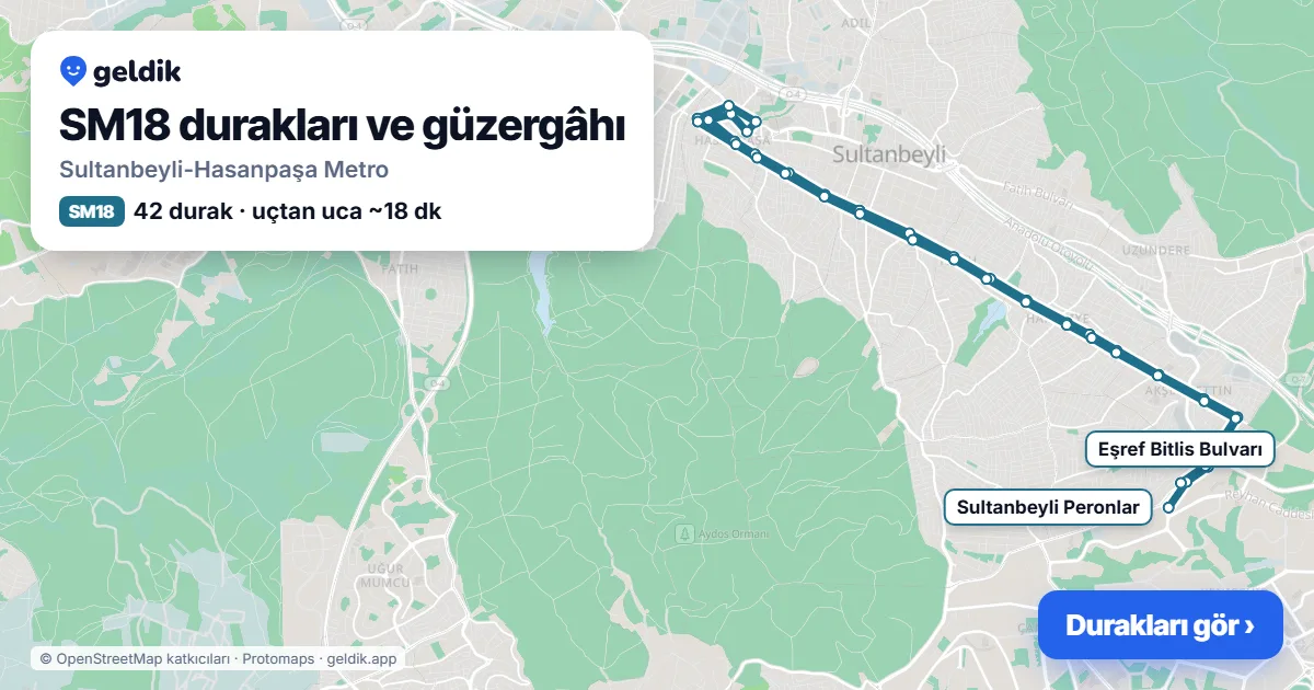 SM18 otobüs güzergâhı haritası: Sultanbeyli-Hasanpaşa Metro, 42 durak