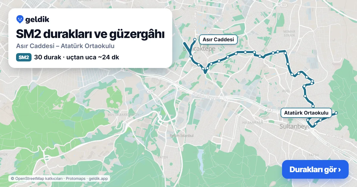SM2 otobüs güzergâhı haritası: Asır Caddesi – Atatürk Ortaokulu, 30 durak