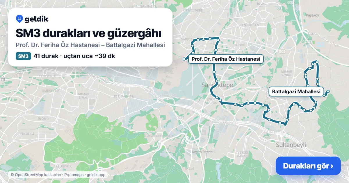 SM3 otobüs güzergâhı haritası: Prof. Dr. Feriha Öz Hastanesi – Battalgazi Mahallesi, 41 durak