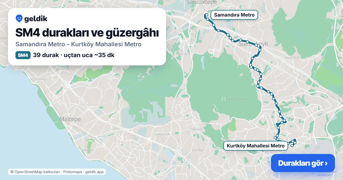 SM4 otobüs güzergâhı haritası: Samandıra Metro – Kurtköy Mahallesi Metro, 39 durak