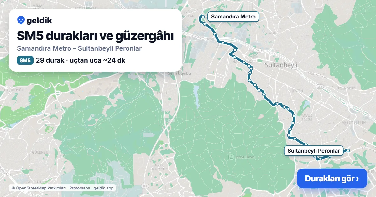 SM5 otobüs güzergâhı haritası: Samandıra Metro – Sultanbeyli Peronlar, 29 durak