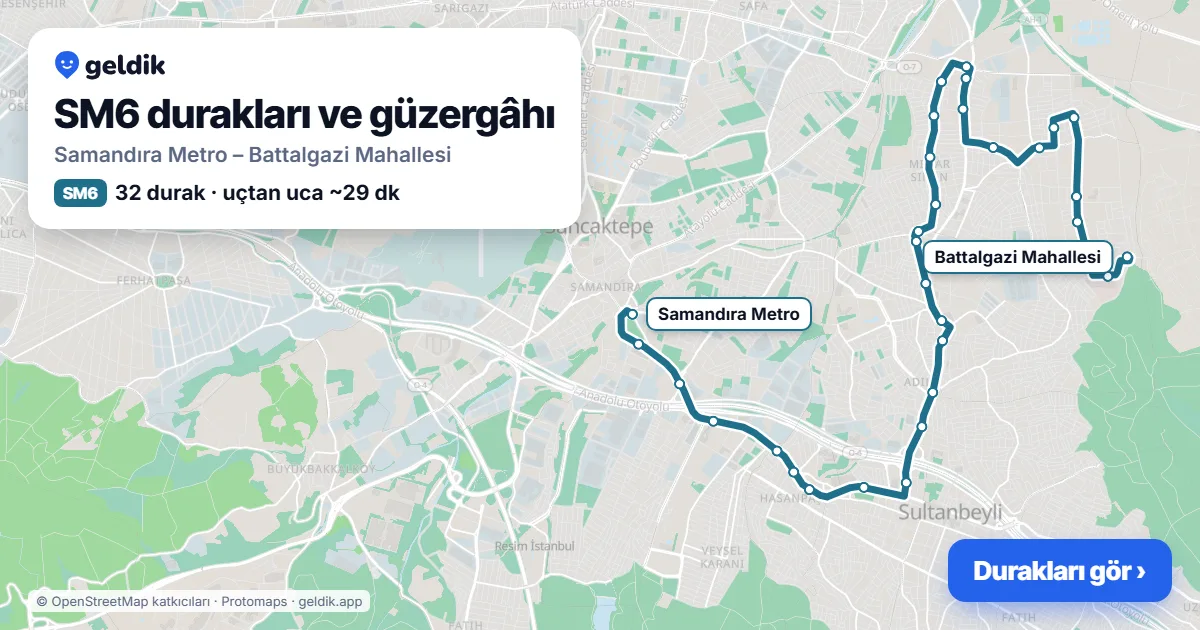 SM6 otobüs güzergâhı haritası: Samandıra Metro – Battalgazi Mahallesi, 32 durak