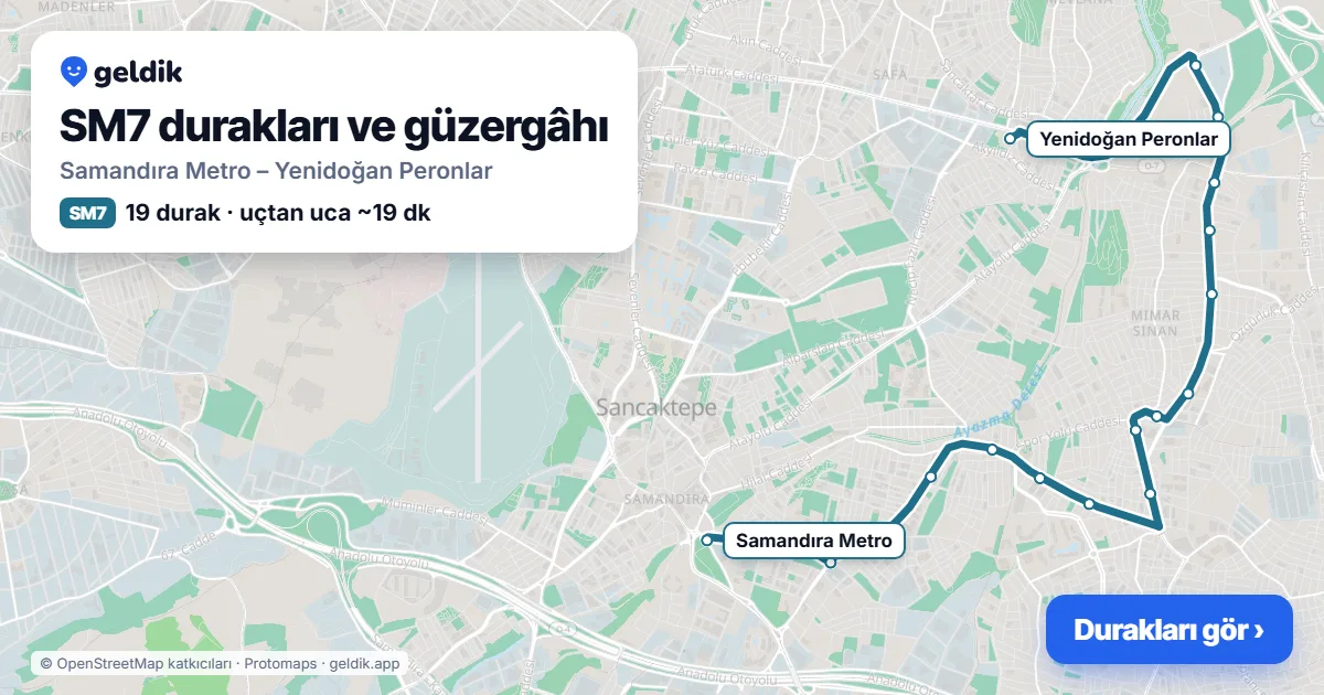 SM7 otobüs güzergâhı haritası: Samandıra Metro – Yenidoğan Peronlar, 19 durak
