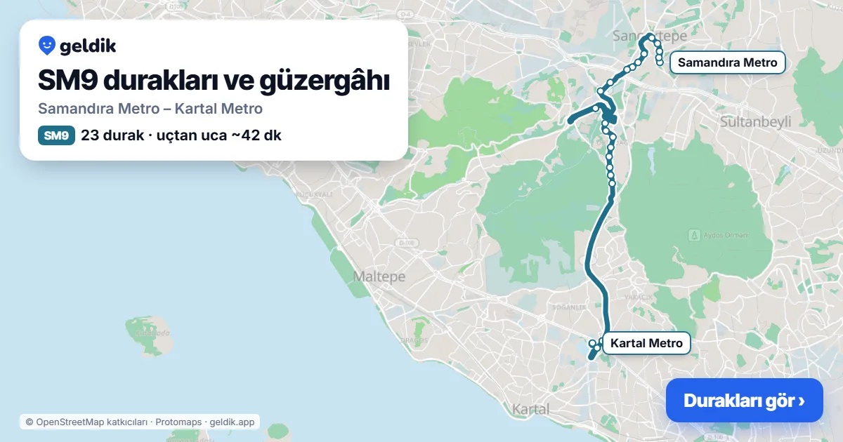 SM9 otobüs güzergâhı haritası: Samandıra Metro – Kartal Metro, 23 durak