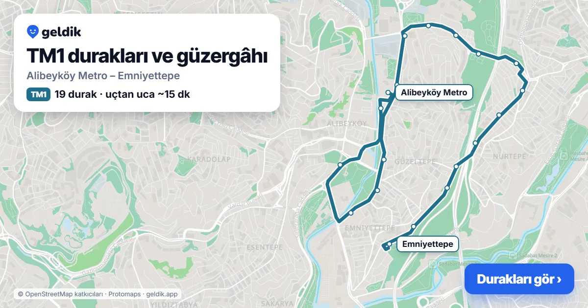 TM1 otobüs güzergâhı haritası: Alibeyköy Metro – Emniyettepe, 19 durak
