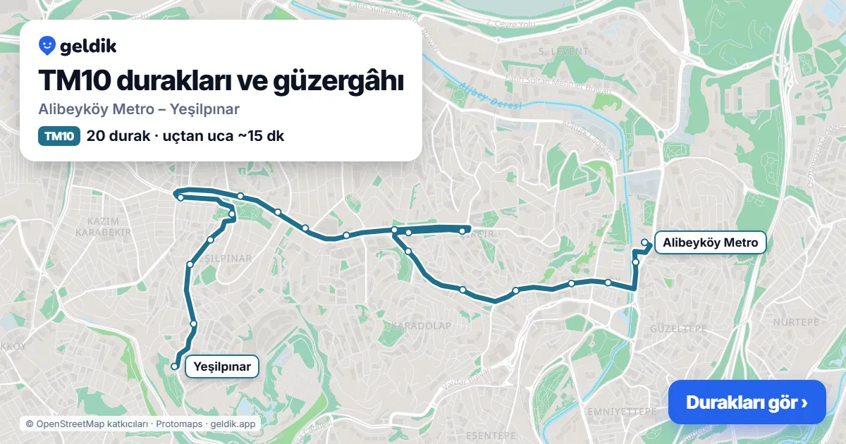 TM10 otobüs güzergâhı haritası: Alibeyköy Metro – Yeşilpınar, 20 durak