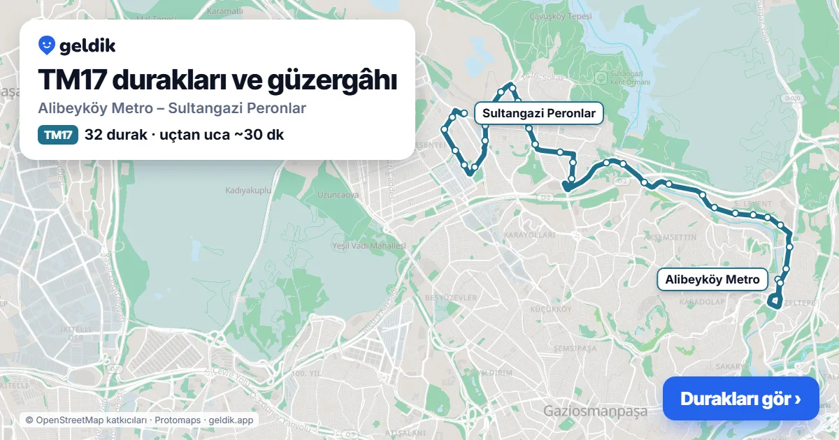 TM17 otobüs güzergâhı haritası: Alibeyköy Metro – Sultangazi Peronlar, 32 durak