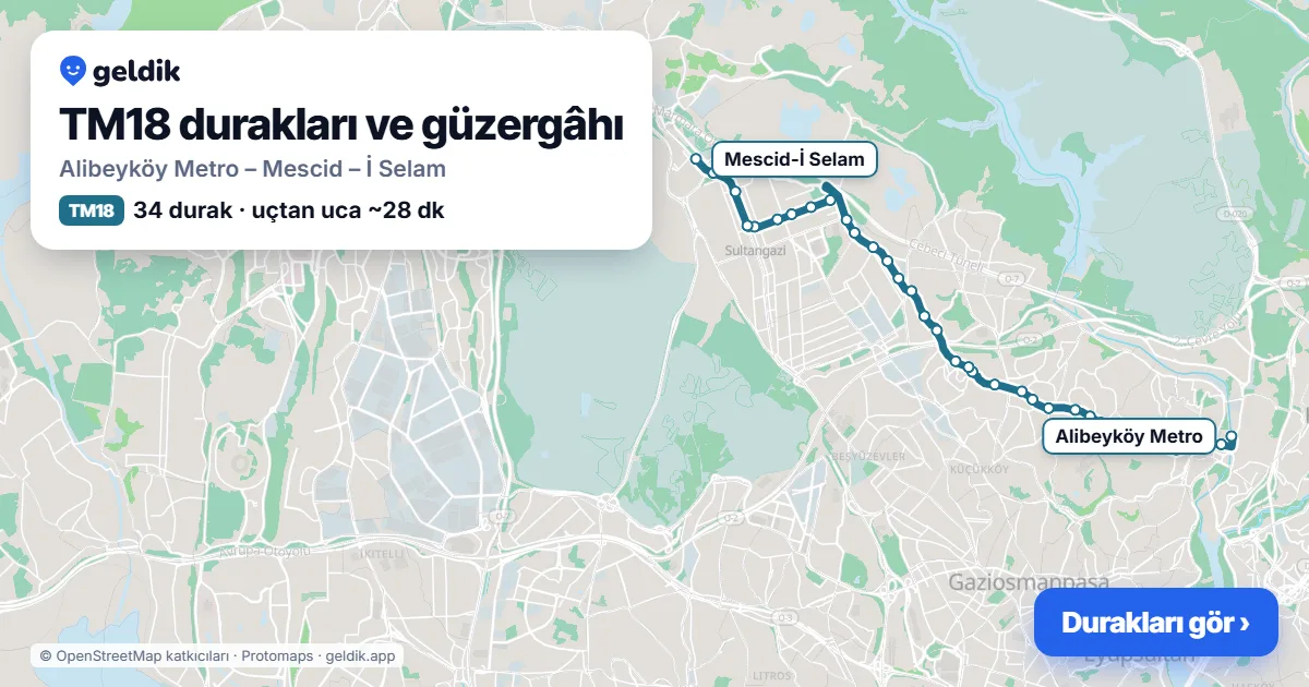 TM18 otobüs güzergâhı haritası: Alibeyköy Metro – Mescid – İ Selam, 34 durak