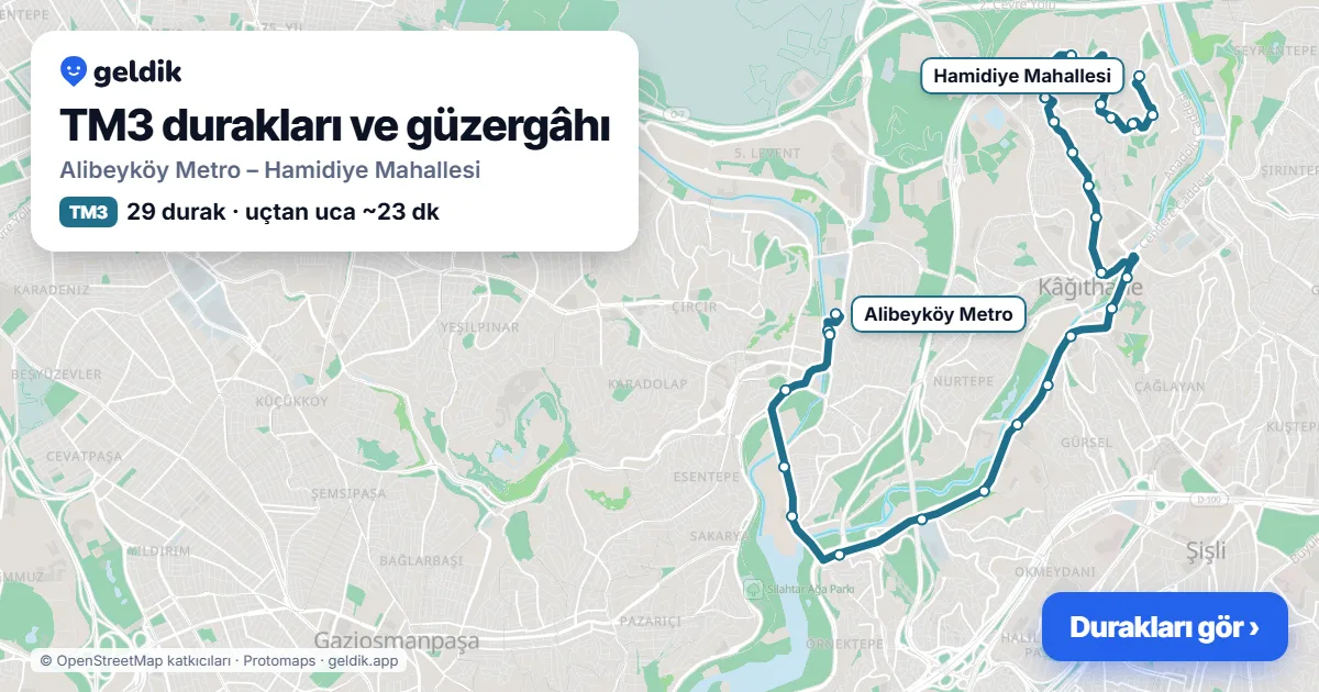 TM3 otobüs güzergâhı haritası: Alibeyköy Metro – Hamidiye Mahallesi, 29 durak