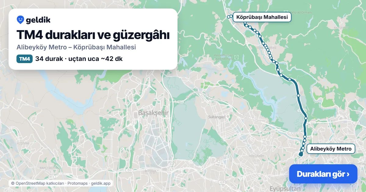 TM4 otobüs güzergâhı haritası: Alibeyköy Metro – Köprübaşı Mahallesi, 34 durak