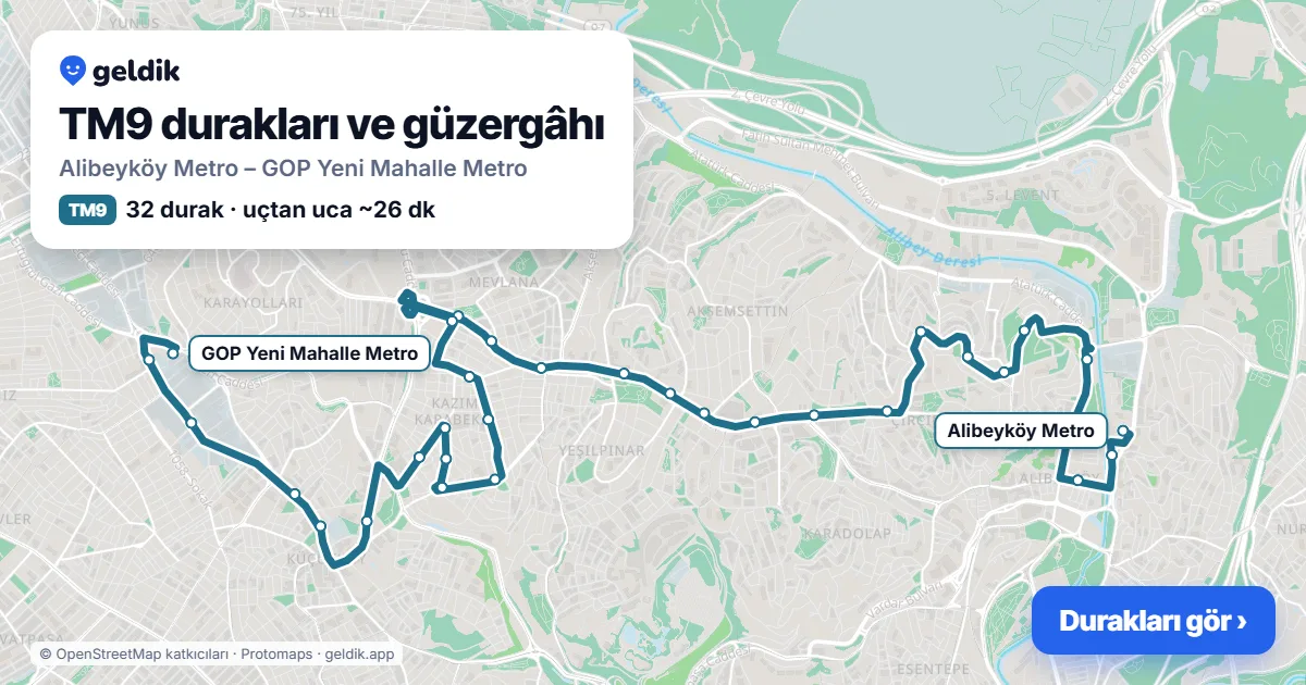 TM9 otobüs güzergâhı haritası: Alibeyköy Metro – GOP Yeni Mahalle Metro, 32 durak