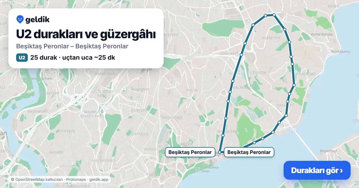 U2 otobüs güzergâhı haritası: Beşiktaş Peronlar – Beşiktaş Peronlar, 25 durak