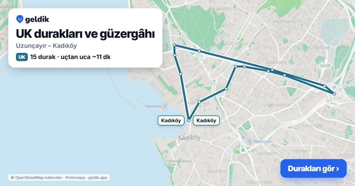 UK otobüs güzergâhı haritası: Uzunçayır – Kadıköy, 15 durak