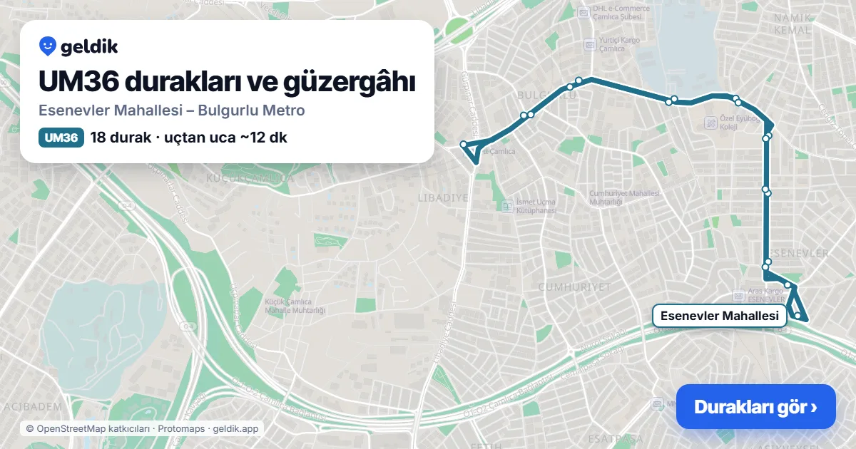 UM36 otobüs güzergâhı haritası: Esenevler Mahallesi – Bulgurlu Metro, 18 durak