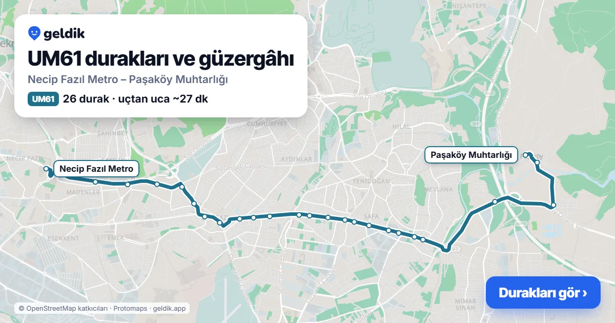 UM61 otobüs güzergâhı haritası: Necip Fazıl Metro – Paşaköy Muhtarlığı, 26 durak