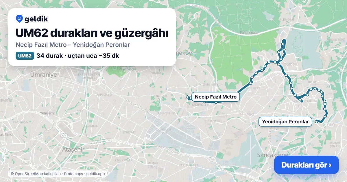 UM62 otobüs güzergâhı haritası: Necip Fazıl Metro – Yenidoğan Peronlar, 34 durak