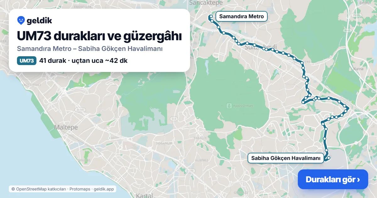 UM73 bus route map: Samandıra Metro – Sabiha Gökçen Havalimanı, 41 stops