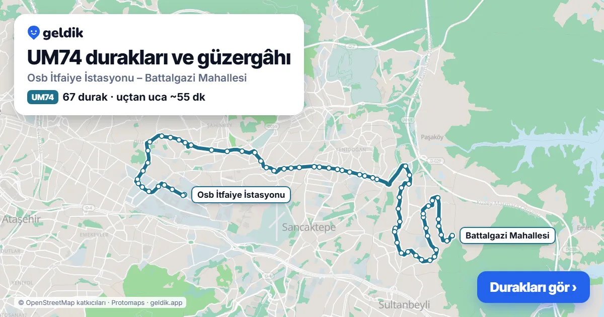 UM74 otobüs güzergâhı haritası: Osb İtfaiye İstasyonu – Battalgazi Mahallesi, 67 durak