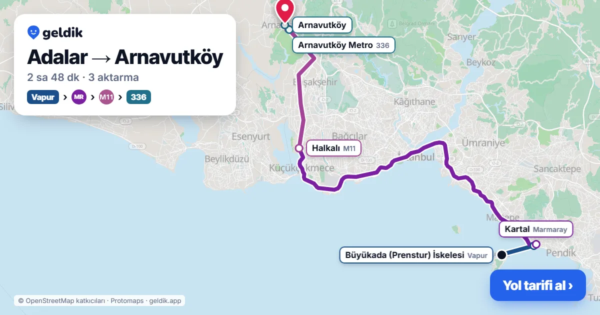 Adalar – Arnavutköy yol haritası: vapur → Marmaray → M11 → MK22 otobüsü ile ~2 sa 48 dk