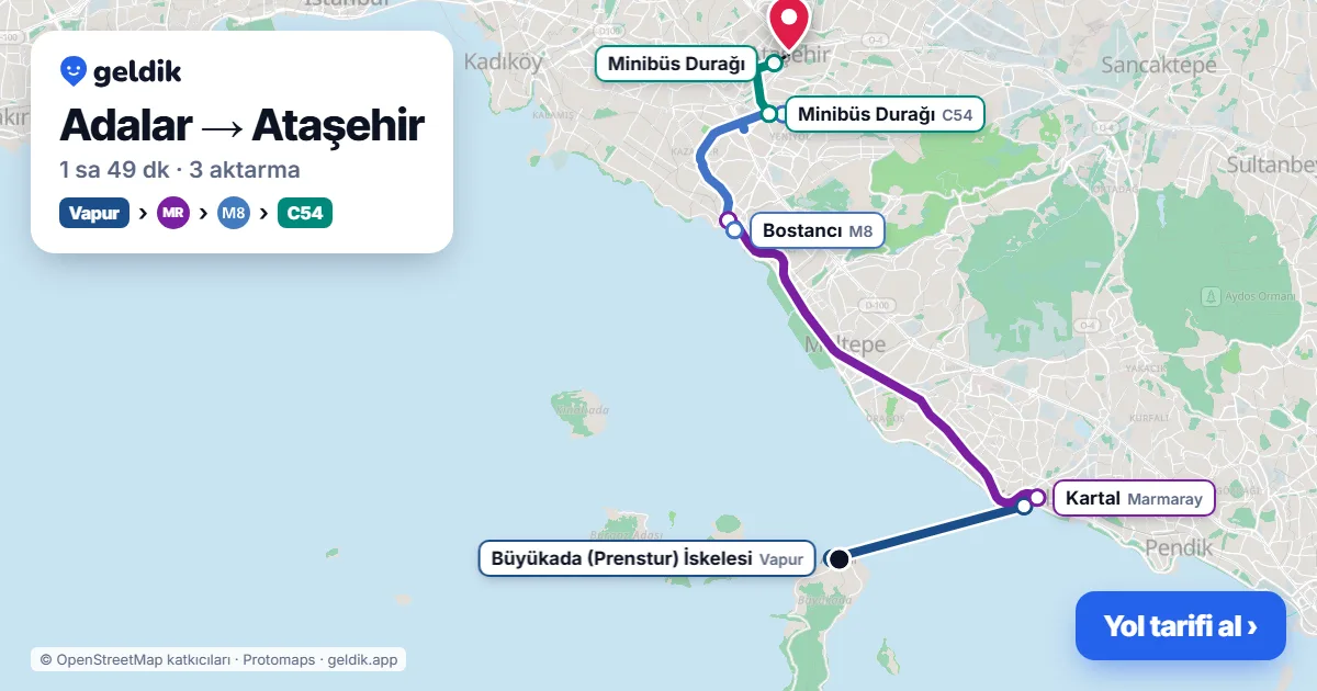 Adalar – Ataşehir yol haritası: vapur → Marmaray → M8 → C54 minibüsü ile ~1 sa 49 dk