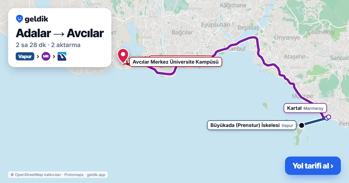 Adalar – Avcılar yol haritası: vapur → Marmaray → Metrobüs ile ~2 sa 28 dk