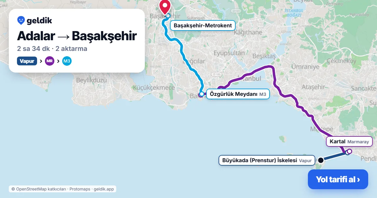 Adalar – Başakşehir yol haritası: vapur → Marmaray → M3 ile ~2 sa 34 dk