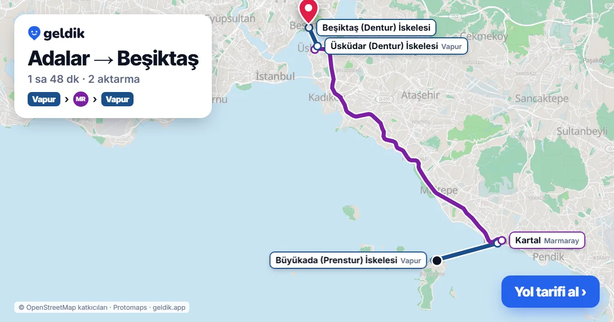 Adalar – Beşiktaş yol haritası: vapur → Marmaray → vapur ile ~1 sa 48 dk