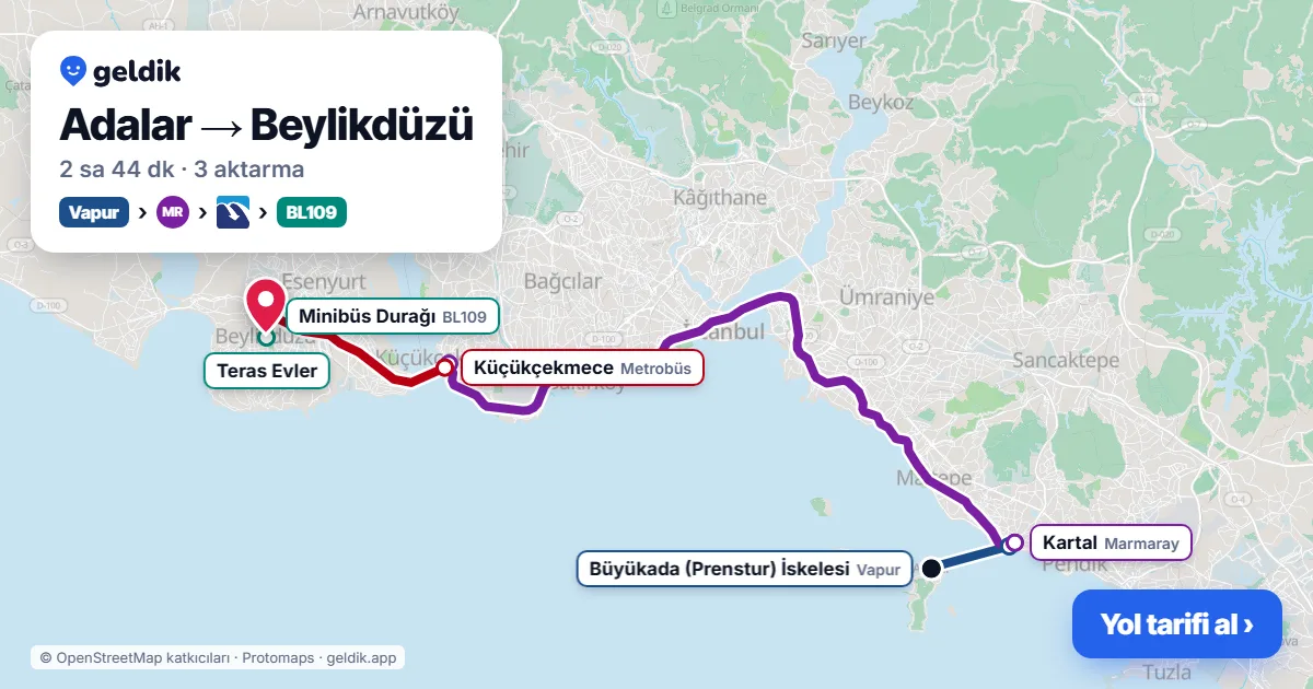 Adalar – Beylikdüzü yol haritası: vapur → Marmaray → Metrobüs → BL109 minibüsü ile ~2 sa 44 dk